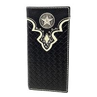 Western RFID Genuine Leather Basketweave Star Metal Concho Mens Long Bifold Wallet in 2 Color (Black)