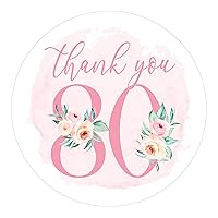 Pink Floral 80th Birthday Thank You Stickers - Party Favor Labels, Envelope Seals, Bag Stickers - 40 Count, 80th Birthday Decorations for Women