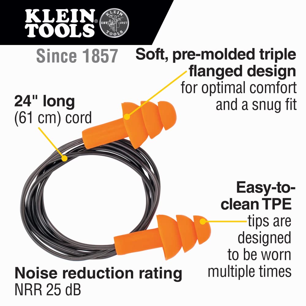 Klein Tools 605036 Corded Earplugs, 25dB NRR, Reusable Orange Earplugs, 6-Pack with Case for Construction, Industrial Use, Shooting and Hunting