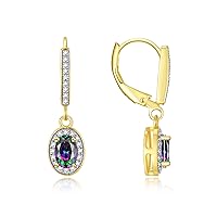 RYLOS Women's Yellow Gold PlatedcDangling Earrings - Oval Shape Gemstone & Diamonds - 6X4MM Birthstone Earrings - Exquisite Color Stone Jewelry