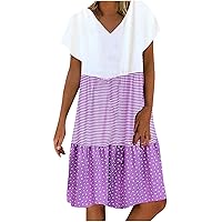 Midi Dresses for Women Stripe Polka Dot Print Color Block Beach Dress Short Sleeve V Neck Ruffle Hem Hawaiian Dress