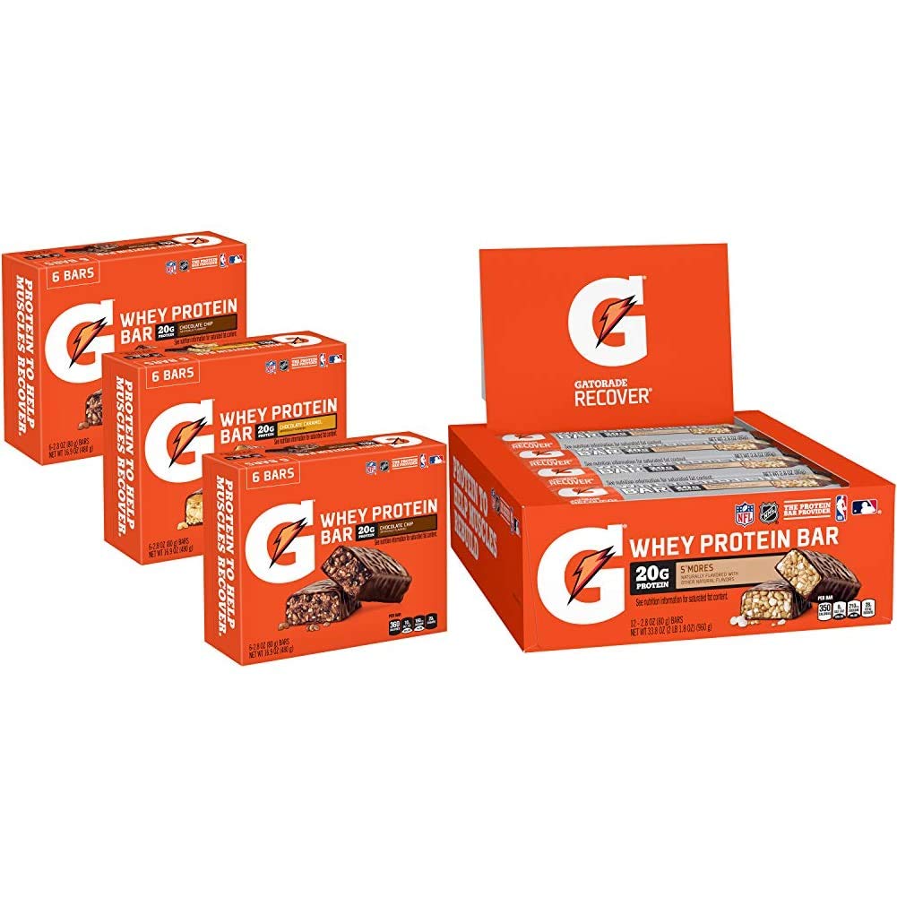 Gatorade Whey Protein Bars, Variety Pack, 2.8 oz bars (Pack of 18) & Whey Protein Recover Bars, S'mores, 2.8 ounce bars (12 Pack)