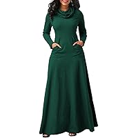 Womens Turtleneck Maxi Dress Casual Long Sleeve Elegant Long Dress Plus Size Solid Bodycon with Kangaroo Pockets