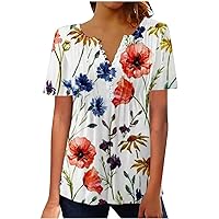SMIDOW Womens 2023 Summer Vacation Bohemian Tunic Tops Fashion Floral Print Short Sleeve Henley t-Shirt Casul Dressy Blouse