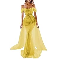 Mermaid Evening Gown Luxurious Formal Dress Sparkle Prom Dress Sweep/Brush Train Off Shoulder Sequined Overskirt 2024