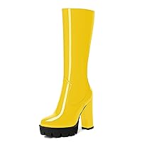 Womens Round Toe Zipper Platform Fashion Patent Lug Sole Knee High Block High Heel Mid Calf Boots 4.7 Inch