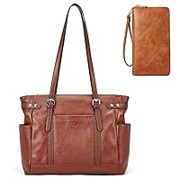 Laptop Totes for Women Genuine Leather Briefcase Large Ladies Shoulder Bag Work Handbags 15.6 Inch Computer Women Wallet Large Capacity Oil Wax Leather Zipper Around Clutch Card Holder Purse Brown