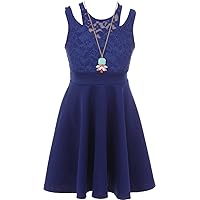 Lace Top Solid Skirt One Piece Dress with Necklace