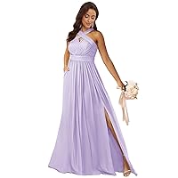 Lilac Plus Size Bridesmaid Dress with Pockets Chiffon Halter Evening Dress for Wedding Size 18W