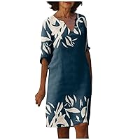 2024 Summer New Vintage African Dresses for Women Sexy V Neck Half Sleeve Knee Length Women's Vacation Trendy Dress Navy 3X-Large