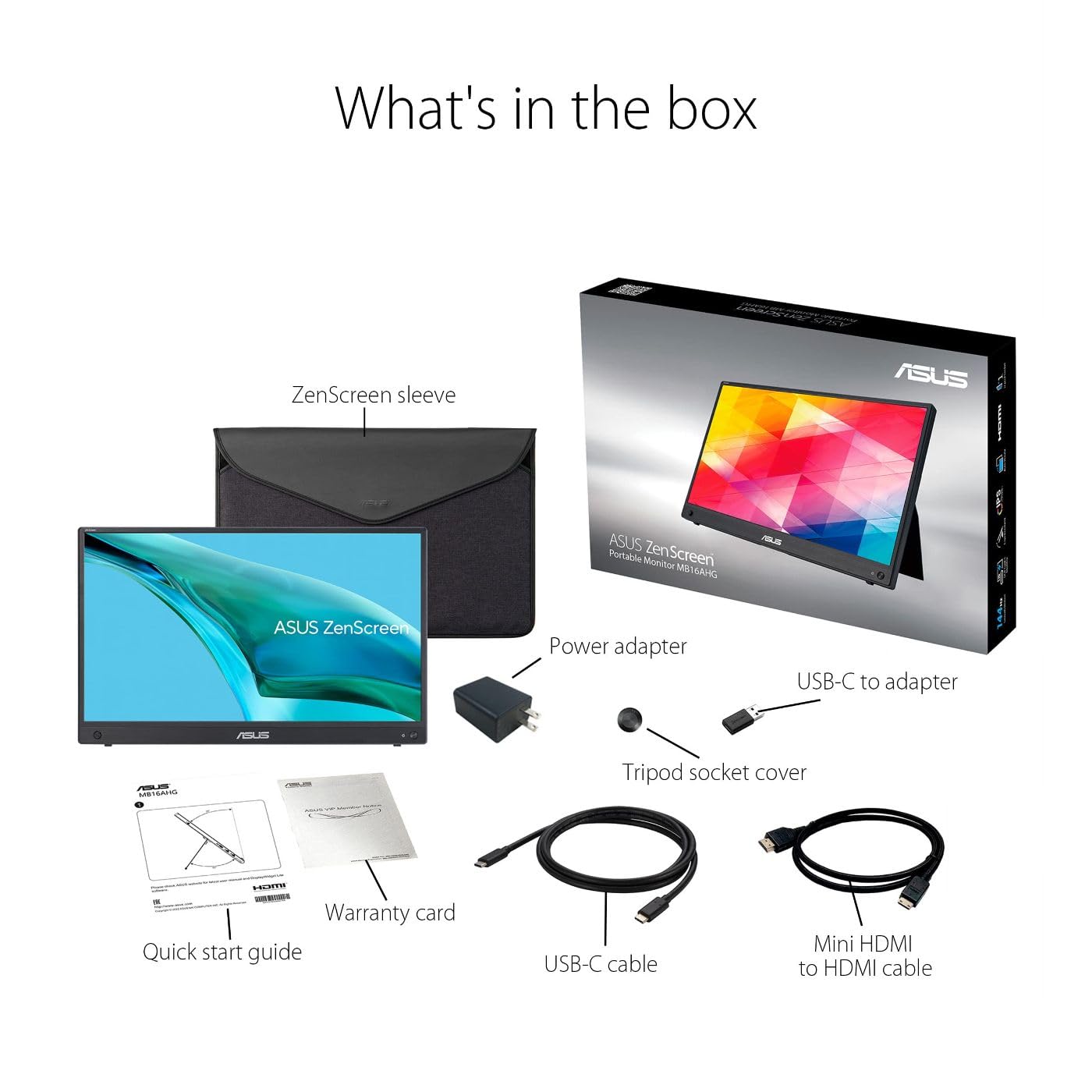 ASUS ZenScreen 15.6” 1080P Portable USB-C Monitor (MB16AHG) - Full HD, IPS, 144Hz, Mini-HDMI, Freesync Premium™, Ergo kickstand, Eye Care, Tripod Mountable, Protective Sleeve, 3-Year Warranty,BLACK