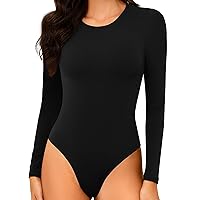 Womens Long Sleeve Bodysuit Thong: Double Lined Slimming Body Suit - Seamless Crew Neck One Piece Body Suits Tops Stretchy