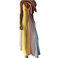 Summer Long Dresses for Women 2024 Fashion Color Block Spaghetti Strap Long Maxi Dress Casual Beach Vacation Clothes