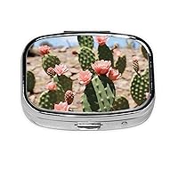 Cactus Print Pill Box with 2 Compartment Round Pill Case Portable Travel Pillbox Small Medicine Organizer for Pocket Purse Vitamins