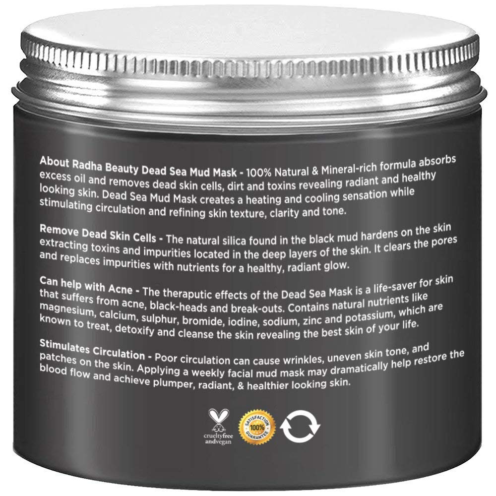 Radha Beauty Dead Sea Mud Mask with Bentonite Clay for Face & Body 8.8 oz - 100% Natural Formula to Treat Acne, Pores, Blackheads & Oily Skin - Heating & Cooling Sensation