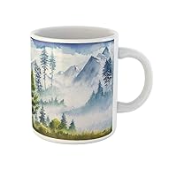 Coffee Mug Blue Mountain Watercolor Landscape Green Nature Painting Tree Pattern 11 Oz Ceramic Tea Cup Mugs Best Gift Or Souvenir For Family Friends Coworkers