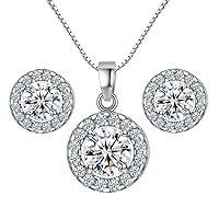 1 Set Halo Crystal Jewelry Sterling Silver Round Cubic Zirconia Crystal Bridal Pendant Necklace Earrings Set for Wedding Bride Bridesmaids