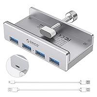 ORICO USB 3.0 Hub, USB Hub Clamp, Aluminum 4-Port USB Splitter with Extra Power Supply Port and 4.92 FT USB A to USB A and USB A to USB C Cable, Desktop Powered USB Hub for Monitors/Desks-Silver
