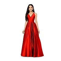 BLONDIE Womens Red Zippered Pocketed Pleated Lined Tie Back Cutout Spaghetti Strap V Neck Full-Length Formal Gown Dress Juniors 1