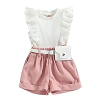 Toddler Baby Girl Summer Outfit Ruffle Sleeveless Ribbed Tank Tops Elastic Waist Shorts with Belt Fashion Clothes Set