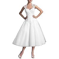 Women's Cap Sleeves Appliques Tea Length Ball Gown Wedding Dresses