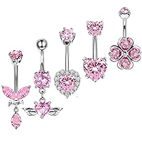 TIANCI FBYJS Surgical Stainless Steel Dangle Belly Button Rings Piercing for Women Belly Ring Dangling Jewelry with Heart Flower Butterfly Pink 14G