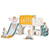 8 in 1 Toddler Slide,Kids Climber Slide with Storage Space and Non-Slip Steps,Indoor Outdoor Playset with Basketball Hoopa and Telescope,Slide for Toddlers Age 1-8 (White+Orange)
