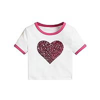 OYOANGLE Girl's Cute Heart Sequin Short Sleeve T-Shirts Crew Neck Summer Casual Crop Tops White Pink 12Y