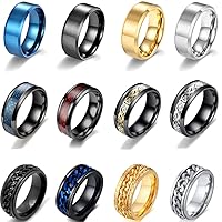 12Pcs 8mm Stainless Steel Fidget Band Chain Spinner Rings for Men Women Dragon Pattern Polished Wedding Cool Release Anxiety Ring Set Size 7-11
