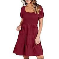 Prime Deals Today Clearance, Womens Ruffle Dress, Casual Dresses, Summer for Women 2024 Maxi, Sundress Loose Puff Sleeve Flowy Square Neck Short Mini (M, Wine)