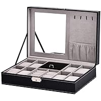 Watch Box Watch Box - 8 Grids Wooden Watch Jewelry Display Case Men Women Bracelet Tray PU Leather Gift Case with Lock and Mirror Black Watch Organizer Collection