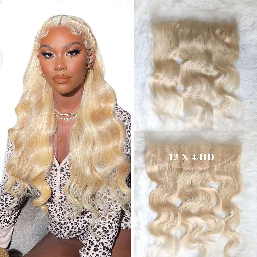 Forawme 10A Brazilian Blonde Hair Body Wave Pre Plucked High Definition Full Lace Frontals Human Hair Pieces 16 Inch 13X4 Ear To Ear 613 HD Transparent Swiss Lace Frontal Closure With Natural Hairline