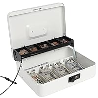 Jssmst Large Locking Cash Box with Money Tray, Metal Money Box with Combination Lock, White