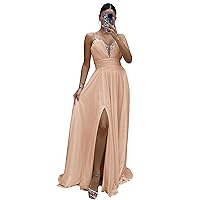 Tsbridal Glitter Beads Prom Dresses for Women Chiffon Long Tulle Spaghetti Strap V-Neck Formal Evening Dress for Teens