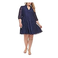 Vince Camuto Womens Navy Zippered Lined Floral Elbow Sleeve V Neck Above The Knee Wear to Work Shift Dress Plus 16W