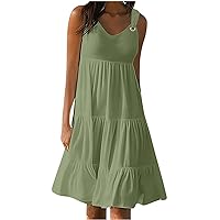 XUNRYAN Tank Dresses for Women 2024 Summer Casual V-Neck Mini Dress Knee Length High Waisted Loose Beach Vacation Sundress