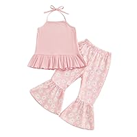 Little Girl Flare Pants Set Summer Outfits Ribbed Tie-Up Ruffle Hem Top + Daisy Flower Bell Bottoms