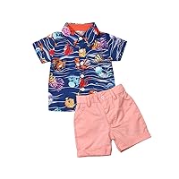 VISGOGO Toddler Baby Boy Flamingo Short Sleeve Button Down Shirt & Casual Shorts Set Summer Outfits 1-6 Years Clothes