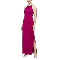 Alex Evenings Women's Long Formal Stretch Mesh Beaded Halter Neck Dress