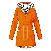 Womens Rain Jacket Tunic Coats Outdoor Casual Lightweight Windbreaker Zipper Drawstring Hooded Raincoat with Pockets