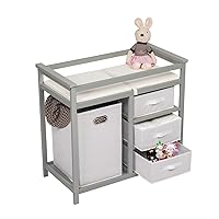 Kinbor Wood Baby Changing Table - Infant Diaper Changing Station and Dresser, Nursery Organizer with Pad, Laundry Hamper and 3 Storage Baskets, Gray