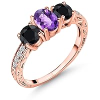 Gem Stone King 2.25 Ct Oval Checkerboard Purple Amethyst Black Sapphire 18K Rose Gold Plated Silver Ring