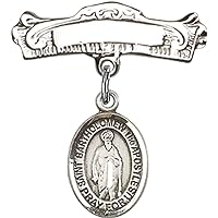 Baby Badge with St. Bartholomew the Apostle Charm & Arched Polished Badge Pin | Sterling Silver Baby Badge with St. Bartholomew the Apostle Charm & Arched Polished Badge Pin