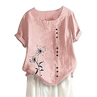 Womens Summer Tops Short Sleeve Cotton Linen Shirt Plus Size Print Short Sleeve Fashion Graphic Blouses Tee Shirt Blouse