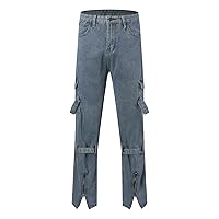 Men's Jeans Straight Fit Pants Mens Fashion Casual High Leg Straight Strap Multi Pocket Jeans