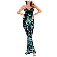 Women's Sequin Sparkly Glitter Dress Vintage Sleeveless Spaghetti Straps Maxi Dresses Sexy Bodycon Mermaid Prom Gowns