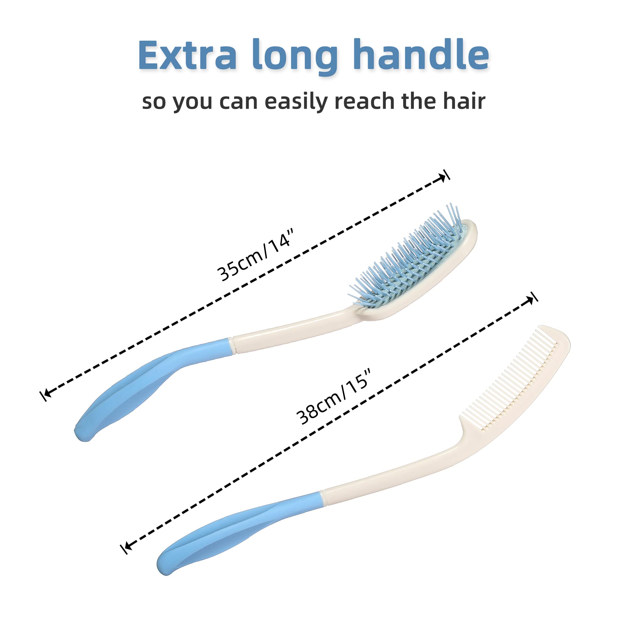Long Reach Handled Comb and Hair Brush Set Applicable to elderly and hand-disabled people inconvenient upper limb activities (2 pcs)