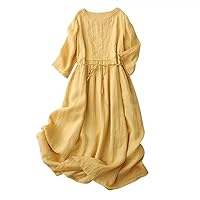 Womens Cotton Linen Maxi Dress Vintage Flowy Tie Belted Pleated Summer Beach Casual Loose 3/4 Sleeve Long Dresses