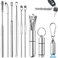 Portable Ear Pick 8 Pcs Spiral Ear Wax Removal with Light - Metal Ear Cleaner Ear Scoop Spiral Ear Wax Remover, Safe Spiral Ear Cleaner Ear Curette Spoon Ear Picker for Home & Travel