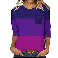Women's T Shirts 3/4 Sleeve Color Block Tops Casual Summer Fashion Tee Plus Size Crew Neck Loose Blouse with Pocket